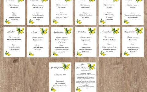 Cartes de jeu "Les 12 mois" avec des citrons, proposant des objets à trouver et des gages pour chaque mois. Un gage jeux des 12 mois à imprimer gratuit pour animer une fête.