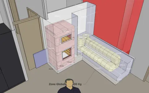 Vue 3D d'un poêle de masse plan avec ses dimensions. Le poêle est en briques roses, avec des ouvertures pour le feu. Des conduits de chaleur en forme de U sont visibles à côté.