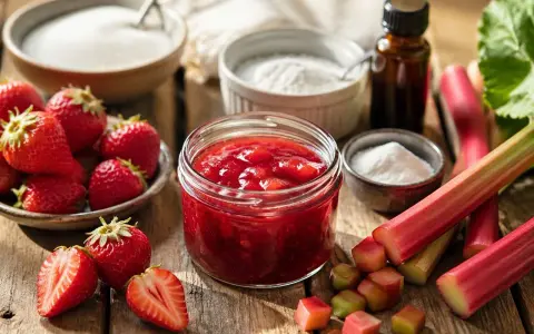Erdbeeren und Rhabarber: welche Frucht passt zu Rhabarber? Hier ist die Antwort: Erdbeeren! Zutaten für Marmelade.