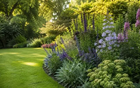 Un jardín exuberante con césped verde y un borde de flores vibrantes, como salvia y campanillas, son excelentes plantas perennes ejemplos.