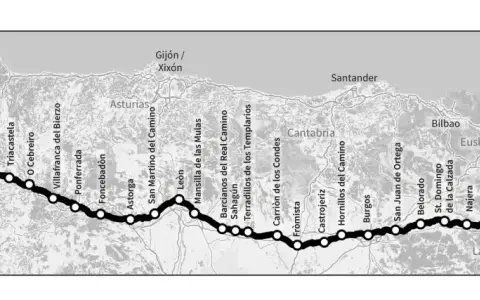 Mappa del cammino di Santiago italiano, con tappe da Santiago de Compostela a Saint Jean PdP.
