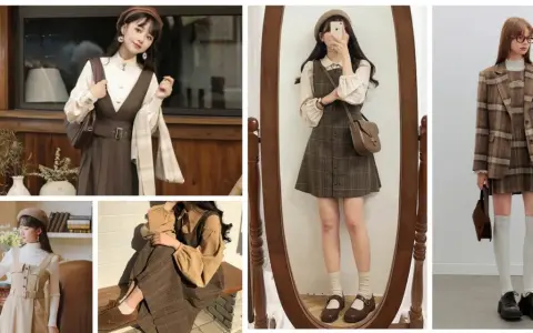 Collage of women in dark academia aesthetic outfits, featuring plaid jumpers, blazers, and berets.