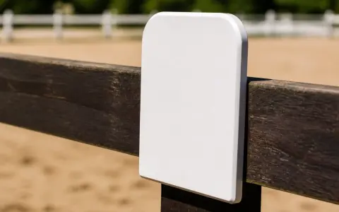 Un panneau blanc vierge sur une clôture en bois dans une carrière de dressage.