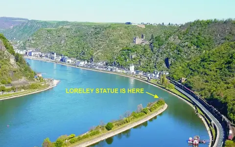 En vidsträckt vy över Loreleis flod, med en stad längs stranden och en järnväg som löper längs floden.
