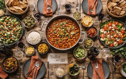 Un festin pour une cousinade : un buffet généreux avec salades, riz, ragoût, pain et guacamole.