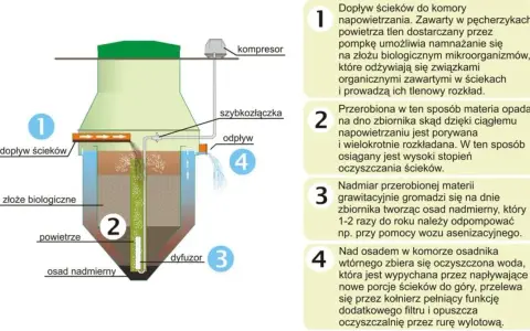 Schemat oczyszczalni biologicznej: dopływ ścieków, złoże biologiczne, powietrze z dyfuzora, osad nadmierny i odpływ oczyszczonej wody.