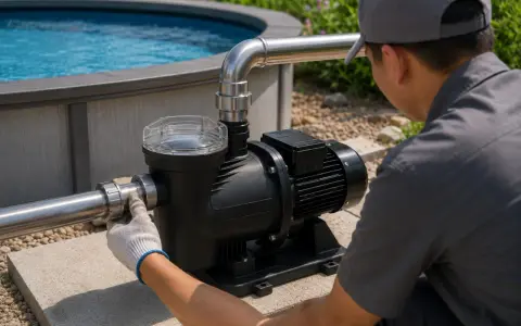 Installation d'une pompe de piscine 1 cv. Un technicien ajuste le tuyau d'une pompe pour optimiser la consommation.