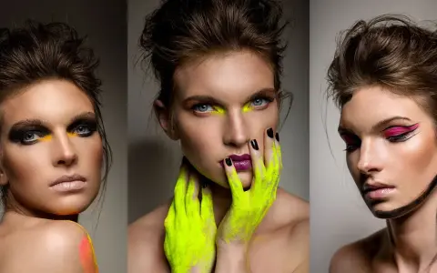 Trzy portrety beauty z odważnym makijażem: neonowy żółty, czarny i różowy.