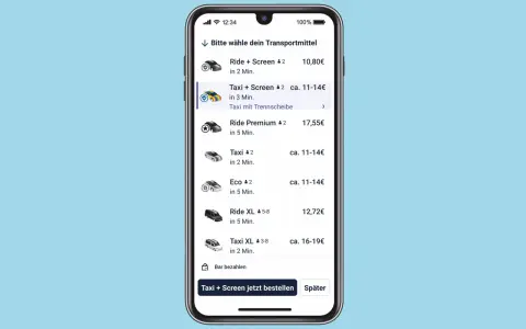 Fahrtoptionen auf einem Smartphone, ähnlich wie bei Uber, mit verschiedenen Taxis und Rides, die für eine Reise nach Italien zur Verfügung stehen.