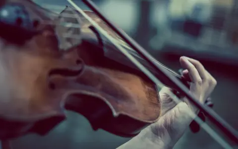 Main d'un musicien jouant du violon, un instrument à cordes, pas à vent. La musique s'élève.