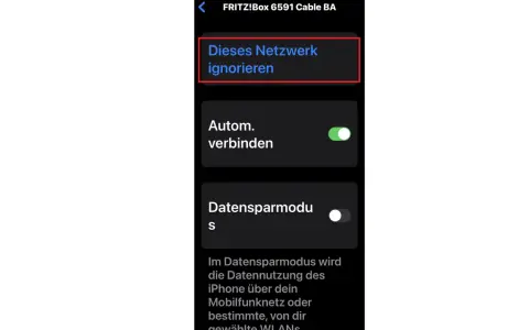 iPhone-Einstellungen: "Dieses Netzwerk ignorieren" Option hervorgehoben.