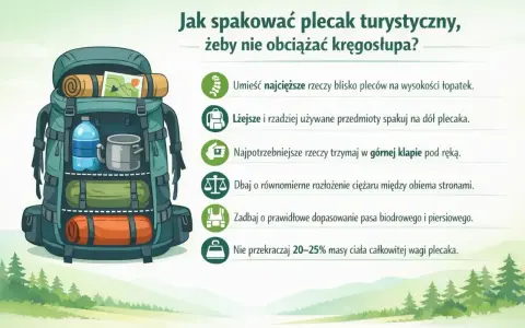 Ilustracja pokazuje, jak spakować plecak turystyczny, by nie obciążać kręgosłupa. Najcięższe rzeczy blisko pleców, lżejsze na dół, a potrzebne pod ręką.