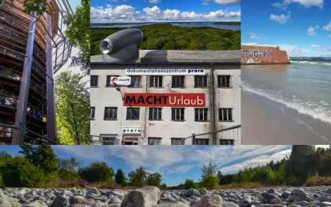 Ein Aussichtsturm, das Dokumentationszentrum Prora mit der Aufschrift "Macht Urlaub", ein Graffiti-bedeckter Mauerrest am Meer und ein steiniger Strand.