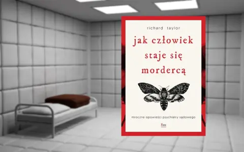 Książka "Jak człowiek staje się mordercą" w ponurym pokoju z łóżkiem.