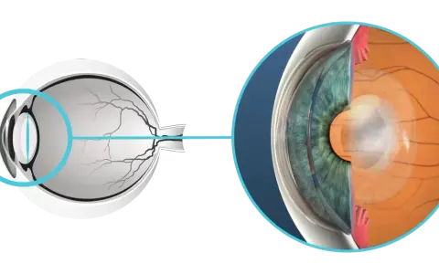 Sezione dell'occhio che mostra la lente e la retina. Si notano aloni dopo capsulotomia, un effetto visivo comune.