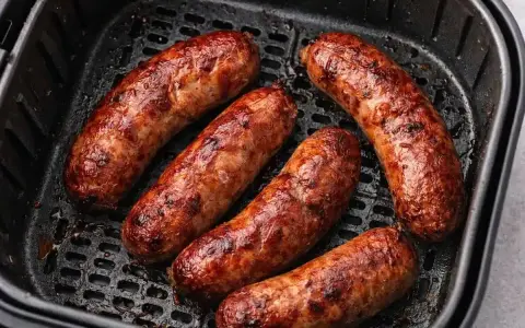 Salsiccia dorata e succulenta in friggitrice ad aria, pronta per essere gustata.