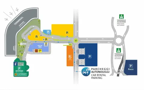 Schemat lotniska Neapol. Jak dojechać z lotniska do centrum? Znajdź taksówki, parkingi, wypożyczalnie aut i autobusy.