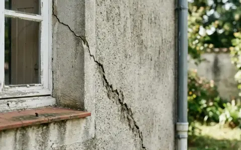 Grosse fissure sur mur extérieur près d'une fenêtre, nécessitant une réparation. Le crépi est abîmé.