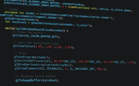 Kod w C++ do renderowania grafiki, używający OpenGL. Widać tu fragment pętli głównej, czyszczenie bufora i ustawianie koloru tła.
