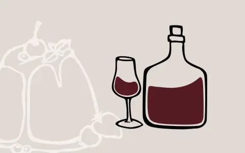 Stilisierte Darstellung eines Kuchens mit Beeren, daneben ein Glas und eine Flasche mit dunklem Wein. Der Unterschied Portwein Sherry wird hier visuell angedeutet.