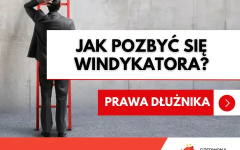 Mężczyzna w garniturze stoi przed drabiną, zastanawiając się, jak uwolnić się od firmy windykacyjnej. Tekst: "Jak pozbyć się windykatora?".