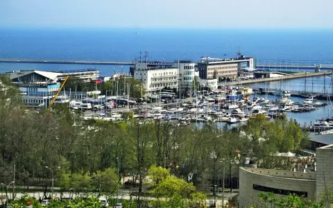 Widok na port jachtowy w Gdyni z licznymi łodziami i budynkami w tle.