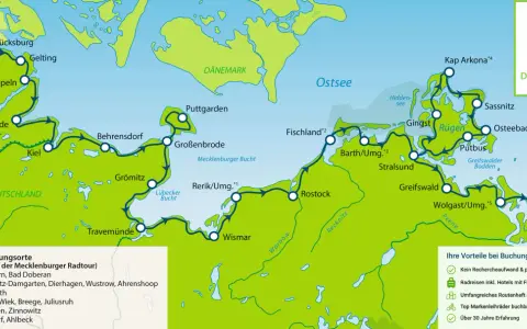 Karte der Mecklenburger Radtour entlang der Ostsee von Dänemark bis Usedom. Entdecke die Küste auf dem Ostsee Radweg!