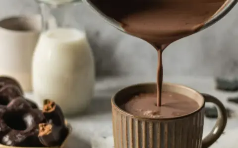 Varm choklad hälls upp i en mugg. Bredvid står en skål med chokladkakor och en mjölkflaska.