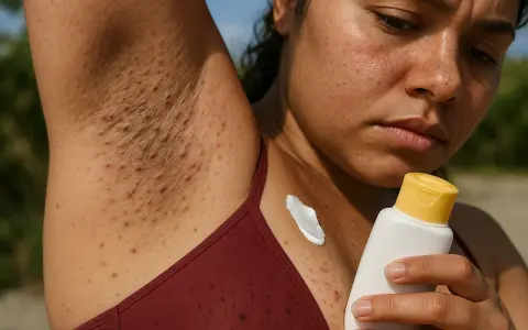 Axila con vellos incipientes y granitos. Una mujer mira con preocupación una crema, quizás pensando que si te depilas sale más pelo.