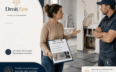 Une femme présente un constat de malfaçon à un artisan, suggérant un litige avec un artisan. La scène se déroule sur un chantier.