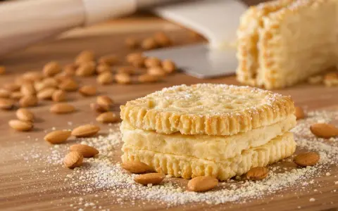 Biscuits Joconde, parfaits pour le goûter, préparés avec le Thermomix. Amandes et sucre glace parsèment la planche en bois.