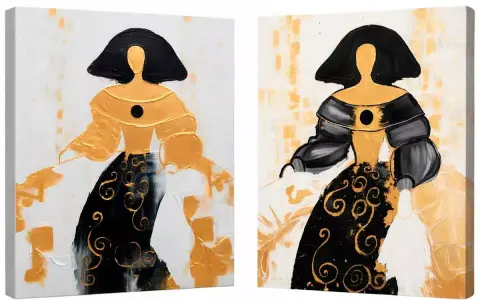 Dos lienzos abstractos de figuras femeninas con vestidos dorados y negros. Arte moderno para hacer lienzo.