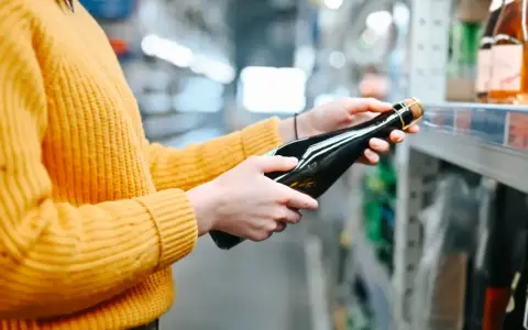 Osoba w żółtym swetrze wybiera butelkę wina, sprawdzając ceny alkoholu we Włoszech.
