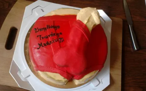 Tort panieński w kształcie czerwonych majtek z napisem "Wszystkiego Twardego Madziu!!!".