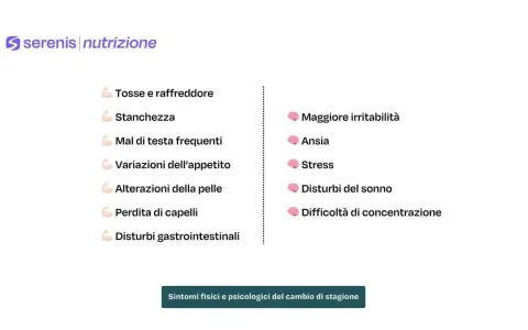 Elenco di sintomi fisici e psicologici del cambio di stagione: tosse, stanchezza, mal di testa, irritabilità, ansia, stress, disturbi del sonno e concentrazione.