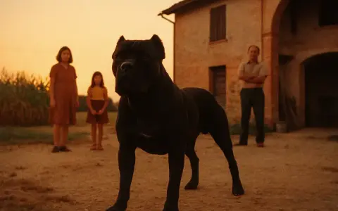 En ståtlig svart cane corso vaktar en familj framför ett gammalt hus i solnedgången.