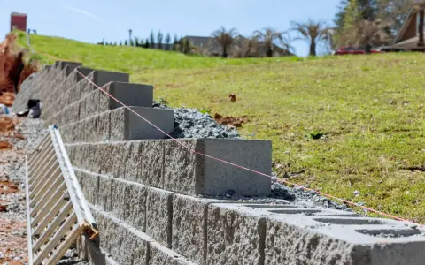 Budowa muru oporowego z bloczków betonowych, z drabiną i sznurkiem do poziomowania.