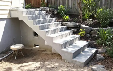 Un nouvel escalier extérieur en béton mène à un jardin paysager avec des rochers et des plantes luxuriantes.