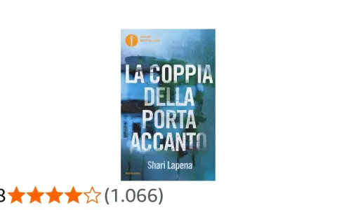 Copertina del libro "La coppia della porta accanto" di Shari Lapena, con sfondo piovoso e valutazione 3,8 stelle.
