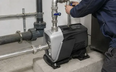 Installazione di una pompa per risolvere la pressione acqua bassa. Un tecnico regola le valvole.