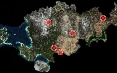 Mapa de los terrenos de caza de Horizon Forbidden West, con puntos rojos marcando ubicaciones clave para la aventura.