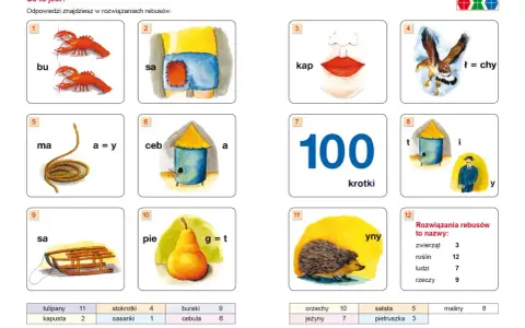 Rebusy z obrazkami: dwa homary (bu), spodenki (sa), usta (kap), orzeł (ł=chy), sznur (ma, a=y), ul (ceb, a), liczba 100 (krotki), ul i pan (t, i, y), sanki (sa), gruszka (pie, g=t), jeż (yny). Rozwiązania rebusów to nazwy.