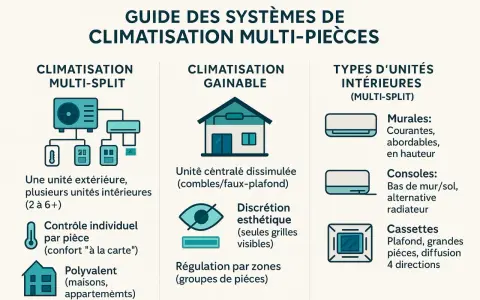 Guide des systèmes de climatisation multi-pièces : comment fonctionne une clim multi-split avec une unité extérieure et plusieurs intérieures, ou une clim gainable centralisée.