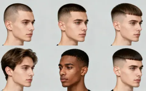 Sechs Männer mit verschiedenen Haarschnitten, darunter ein klassischer french crop stylen.