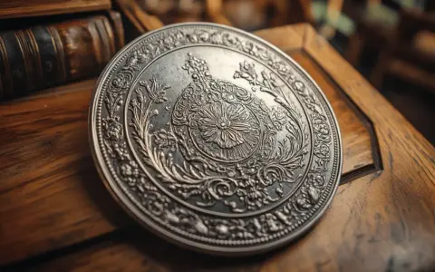 Une pièce en argent ornée, posée sur un bois ancien. Comment reconnaître une pièce en argent ? Examinez sa patine et ses détails fins.