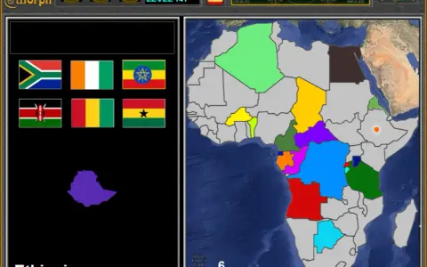 Gioco di geografia: identifica gli stati dell'Africa. L'Etiopia è evidenziata in viola su una mappa colorata.