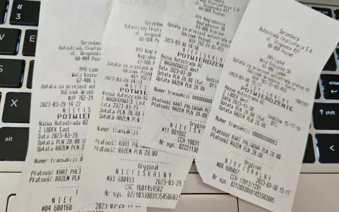 Paragon fiskalny z autostrady A2 na klawiaturze laptopa.