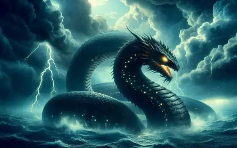 Potężny wąż morski, jeden z gigantów mitologii nordyckiej, wynurza się z wzburzonych fal podczas burzy z piorunami.