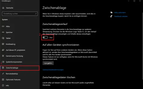 Windows-Einstellungen: Zwischenablage anzeigen. Der Verlauf ist deaktiviert.