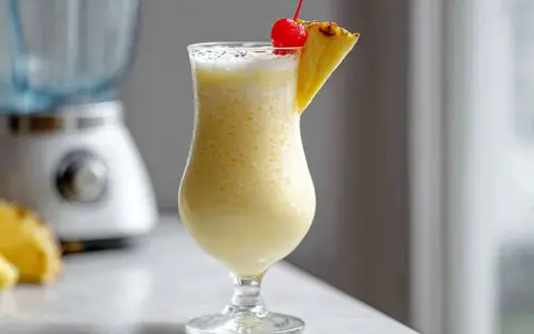 En krämig pina colada i ett glas, garnerad med ananas och ett körsbär. Perfekt för en solig dag!